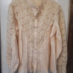 Women's Cream Faux Pearl Button Crochet Western Button Up Shirt